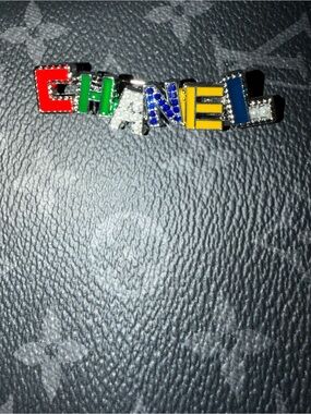 CC Multicolor Enamel, Pearl & Crystal Logo Brooch. Fashion jewelry.